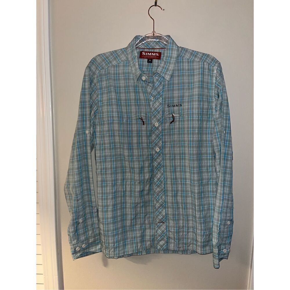 Simms Stone Cold Long Sleeve Shirt Celadon Plaid Small Mens
